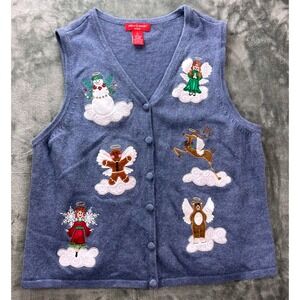 Merry & Bright Women's 1X Blue Embroidered Christmas Vest Holiday Angel Scene